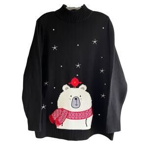 CJ Banks Sweater Polar Bear Red Bird Size X (US 14W) Black Mock Neck Cotton